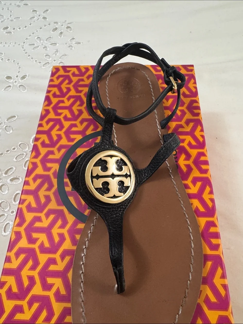 Tory Burch Black Leather Thong Sandal with Gold Logo